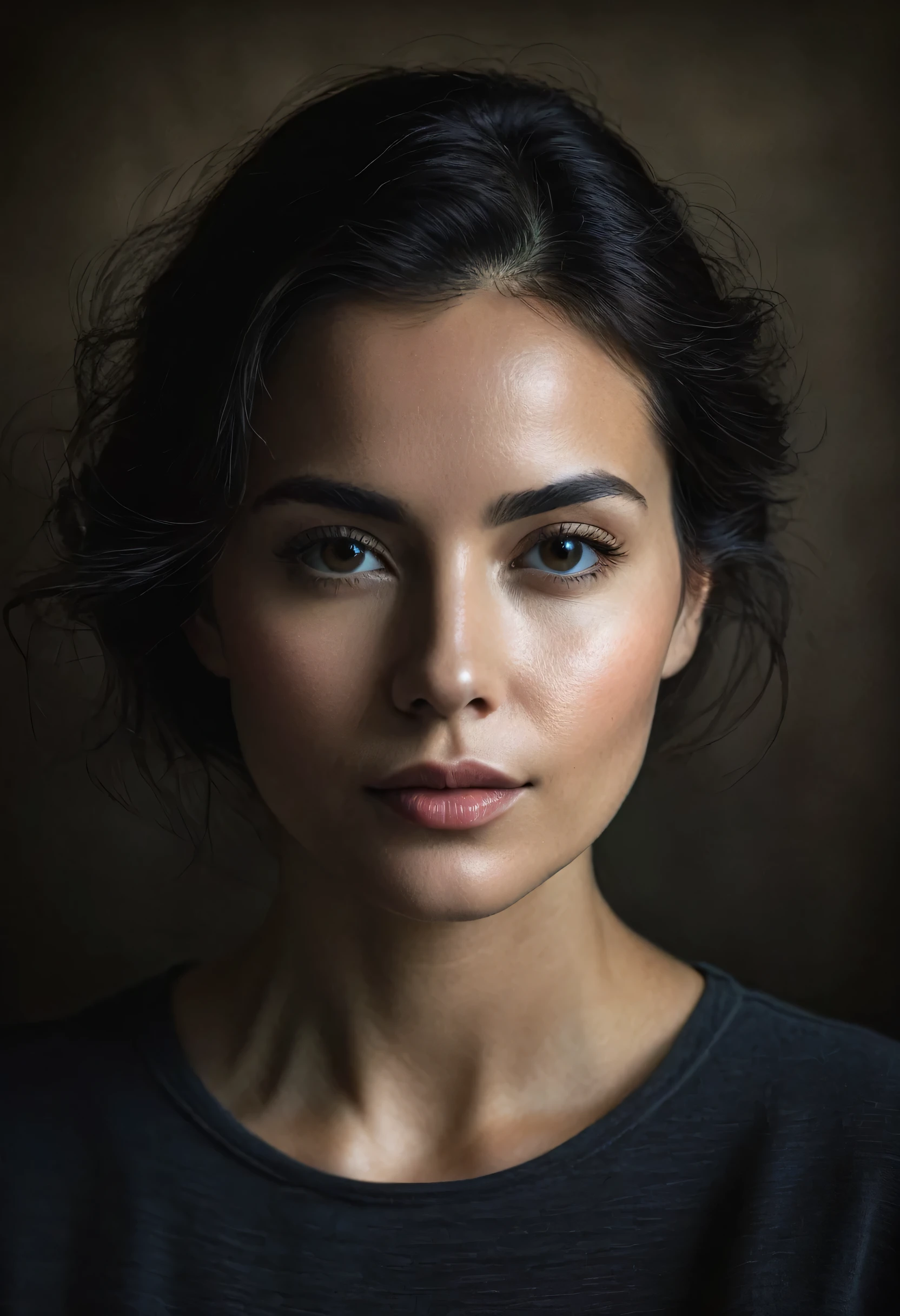 Portrait of a very serious woman with dark background, hyper-realistic image