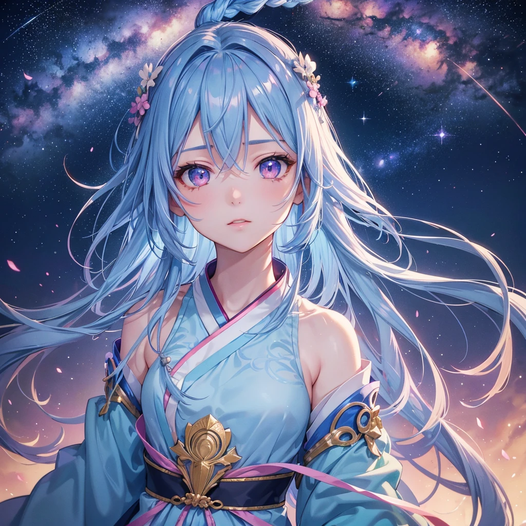 Sky blue hair,braid hair,Pink Eyes,Fair skin ,(whole body),(One girl),Hanfu,Tanabata,(The beautiful, sparkling Milky Way in the night sky),Lonely Eyes,,(masterpiece, Highest quality, Very detailed, Best Shadow), (Detailed Background), (Beautifully detailed face), High Contrast, (Best lighting, Very delicate and beautiful), ((Cinematic Light)), colorful, Hyper Detail, Dramatic Light, Intricate details,