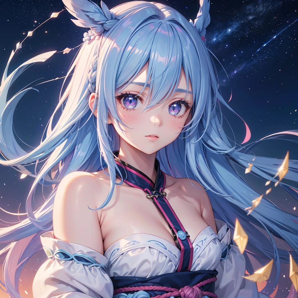 Sky blue hair,braid hair,Pink Eyes,Fair skin ,(whole body),(One girl),Hanfu,Tanabata,(The beautiful, sparkling Milky Way in the night sky),Lonely Eyes,,(masterpiece, Highest quality, Very detailed, Best Shadow), (Detailed Background), (Beautifully detailed face), High Contrast, (Best lighting, Very delicate and beautiful), ((Cinematic Light)), colorful, Hyper Detail, Dramatic Light, Intricate details,