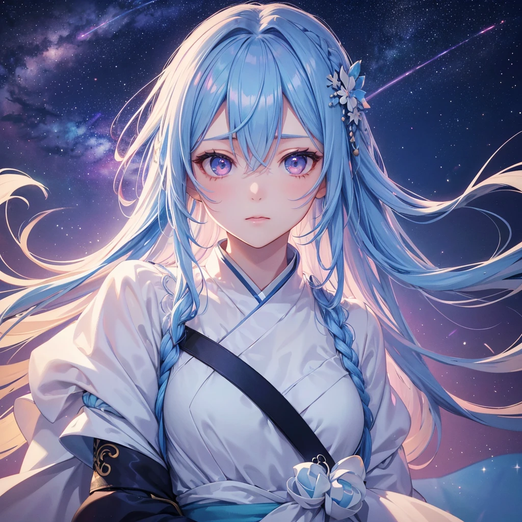 Sky blue hair,braid hair,Pink Eyes,Fair skin ,(whole body),(One girl),Hanfu,Tanabata,(The beautiful, sparkling Milky Way in the night sky),Lonely Eyes,,(masterpiece, Highest quality, Very detailed, Best Shadow), (Detailed Background), (Beautifully detailed face), High Contrast, (Best lighting, Very delicate and beautiful), ((Cinematic Light)), colorful, Hyper Detail, Dramatic Light, Intricate details,