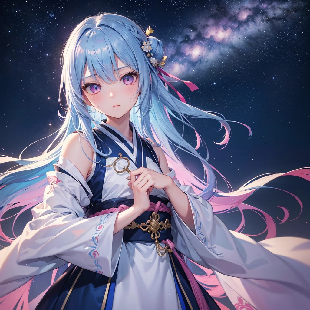 Sky blue hair,braid hair,Pink Eyes,Fair skin ,(whole body),(One girl),Hanfu,Tanabata,(The beautiful, sparkling Milky Way in the night sky),Lonely Eyes,,(masterpiece, Highest quality, Very detailed, Best Shadow), (Detailed Background), (Beautifully detailed face), High Contrast, (Best lighting, Very delicate and beautiful), ((Cinematic Light)), colorful, Hyper Detail, Dramatic Light, Intricate details,