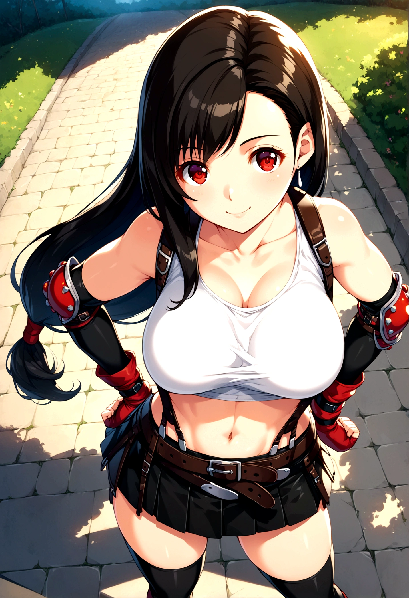 score_9, score_8_up, score_7_up,,BREAK , ,from front,front view,high angle,pov,straight-on,,standing,contrapost, ,,straight-on,Solo ,1girl, tifa lockhart, final fantasy, tareme,black hair, low-tied long hair, red eyes, bangs, (white tank top, belt, pleated skirt, thighhighs, elbow fingerless gloves, elbow pads, midriff, navel,suspender skirt) ,(large_breast),(light smile),fist,hand on own hip,daytime,outdoor,(ultra detailed),(best quality),(aesthetic,very aesthetic),UHD,extremely detailed CG unity 8k wallpaper,anime,depth of field,,,