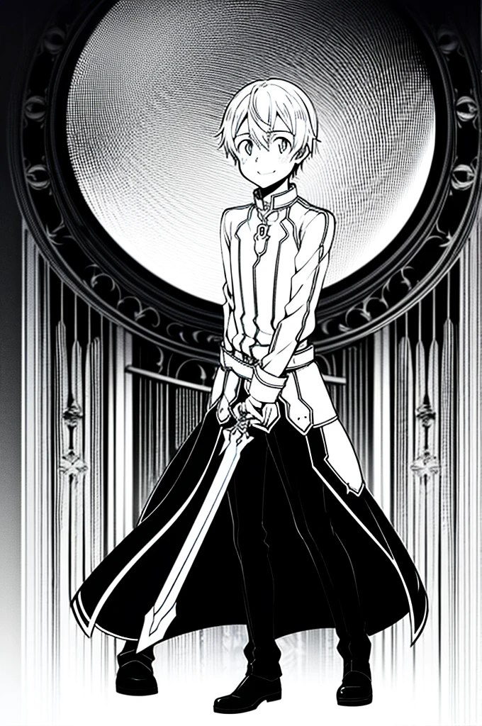 eugeo (sword art online), looking at viewer, 1 boy, masterpiece, happy, 4k, black and white, 4k, full body, high quality, sad look, high quality face, smiling