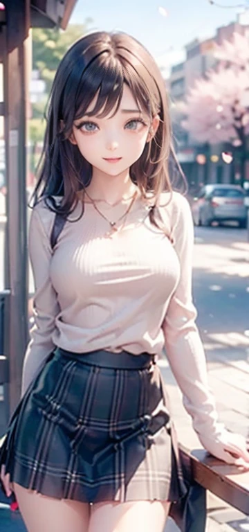((table top, highest quallity, high resolution, nffsw, pixel perfect, Written limit depth, 4K, nffsw, nffsw))), 1 girl, Solteiro, standing alone, cute anime girl, beautiful art style, anime character, ((long hair, bangss, chestnut hair)), ((greeneyes:1.4, round eyes, Beautiful eyelashes, realisitic eyes)), ((face detailed, blush:1.2)), ((smooth texture:0.75, realisitic texture:0.65, realisitic:1.1, anime CG style)), dynamic angle, ((brown sweater, longsleeve, Black Skirt, plaid hip skirt, chic, 1 diamond necklace)), ssmile, amusement park, ((Cherry blossoms, Cherry blossomsの花が散る))