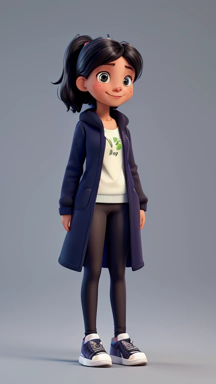 White woman with black hair , greenish eyes, freckles on the face, aretes , Wearing black leggings, closed navy blue coat and sneakers with arms crossed and smile without showing teeth. White background for illustration