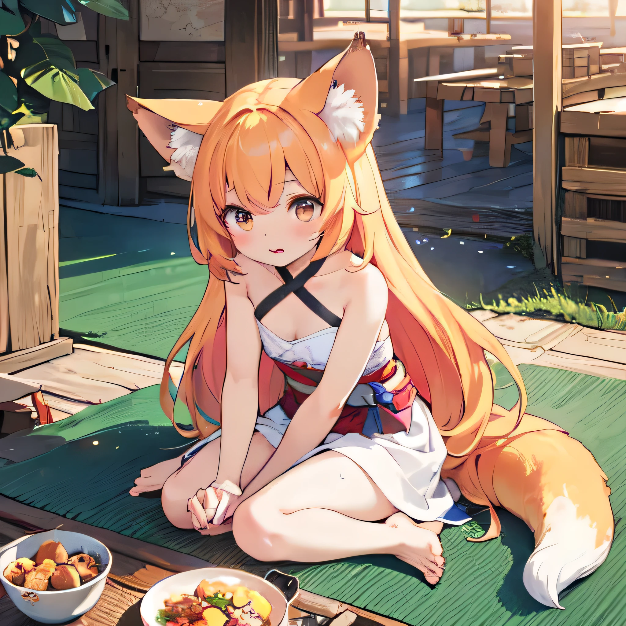 (masterpiece, Highest quality, Highest quality),Very detailed,colorful,Most detailed,Super detailed,(Highly detailed CG illustrations),((Gorgeous Background)),Ultra-fine painting,Vibrant colors,Panoramic View,,Complex,colorful,perfect mechanism,The perfect perspective,photo,Realistic,,One girl,((whole body)),Sitting,Fox Ears,((summer,summer festival,summer theme,hot,festival)),Lotus,One shoulder exposed,Sweat,Orange Hair,Brown eyes,Medium chest,Animal ear hair,Very long hair,barefoot,poop,poop,poop