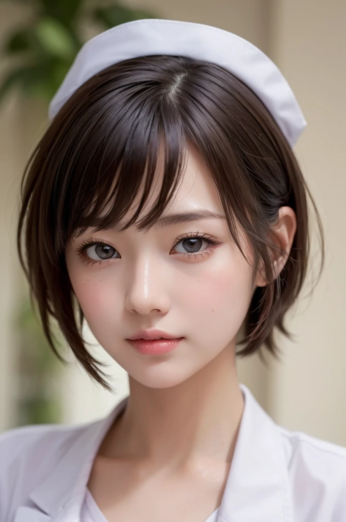 (masterpiece:1.3)、Very nice finish、(High resolution、8K:1.3)、(Highest quality、Ultra-realistic as a photo:1.5)、Sharp focus, Close up on face、超High resolutionの顔、The face is in focus、Ultra high definition and beautiful eyes、Eyes are symmetrical:1.3、High quality and beautiful skin、Firm Skin、1 Girl, 18-year-old、nurse、((White nurse uniform))、very cute、very cute、Natural Makeup, Glossy Lips、Wet eyes:1.3, blush:1.3, Embarrassing:1.3、View your viewers, short hair