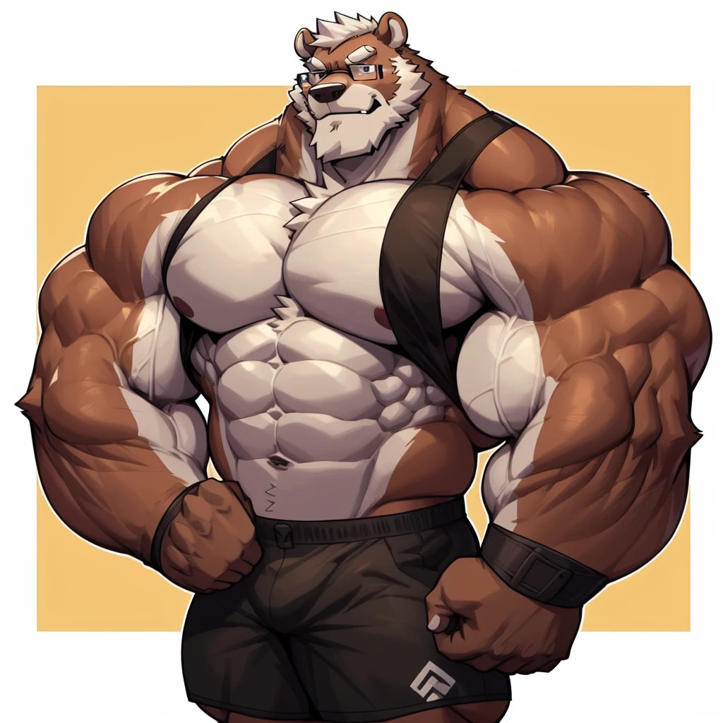 solo, 1boy, Huge Muscular Old Grizzly Bear wearing glasses , pectoral, huge pectoral, wide pectoral, short white hair, short pants, black wristbands and black tank top, bearded, Mustache, ((really big muscle, massive muscular, sixpack, thick arms, wide pectoral, super huge muscle, hyper muscular, over sized muscle, huge arms, big arms, huge pectoral)), simple background, masterpiece, high detailed, 8k, high resolution, at the gym, flexes huge muscles