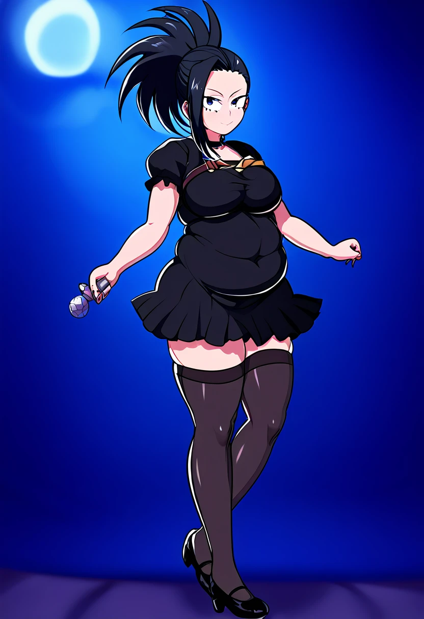 Momo Yaoyorozu from My hero academia, girl fat, obesity, immobility, sexy, stockings, black hair, short night dress, night club, night, dark dress, black dress, black stockings, black and black shoes