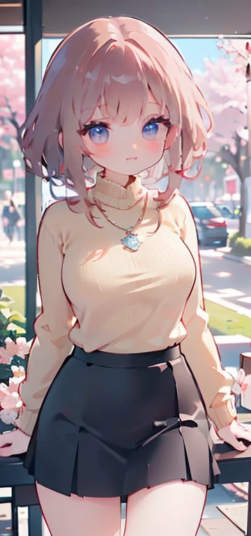 ((table top, highest quallity, high resolution, nffsw, pixel perfect, Written limit depth, 4K, nffsw, nffsw))), 1 girl, Solteiro, standing alone, cute anime girl, beautiful art style, anime character, ((long hair, bangss, chestnut hair)), ((greeneyes:1.4, round eyes, Beautiful eyelashes, realisitic eyes)), ((face detailed, blush:1.2)), ((smooth texture:0.75, realisitic texture:0.65, realisitic:1.1, anime CG style)), dynamic angle, ((brown sweater, longsleeve, Black Skirt, plaid hip skirt, chic, 1 diamond necklace)), ssmile, amusement park, ((Cherry blossoms, Cherry blossomsの花が散る))