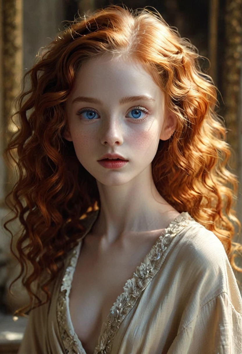 (skeletal!!!!!!!!!!!!), In a rococo atelier、(flat!!!! tiny!!!! chest), (6!!!!! girl), very young extremely!!!!!! pretty!!!!!!!!! beautiful!!!!!!! face, blue eyes, pale skin, Oil painting nude!!!! model, wears an open!!!!!! beige robe, anorexic!!!!!!, emaciated!!!!!!!!!!!!!, very skinny!!!!!!, (very short!!!!!!!!!!!!!!), tiny!!!!!. Highly detailed, 8K, short!!!!!!!!!, 1girll, boney!!!!!!, firered!!!!!! long wavy curly hair, redhead!!!!!!!!!!!! , (Perfect_Face), Convoluted, Dramatic Lighting, 4K, Detailed_Background, Caustics, from a_Side!!!!!, (eye contact!!!!!), (looking at camera!!!!!!).