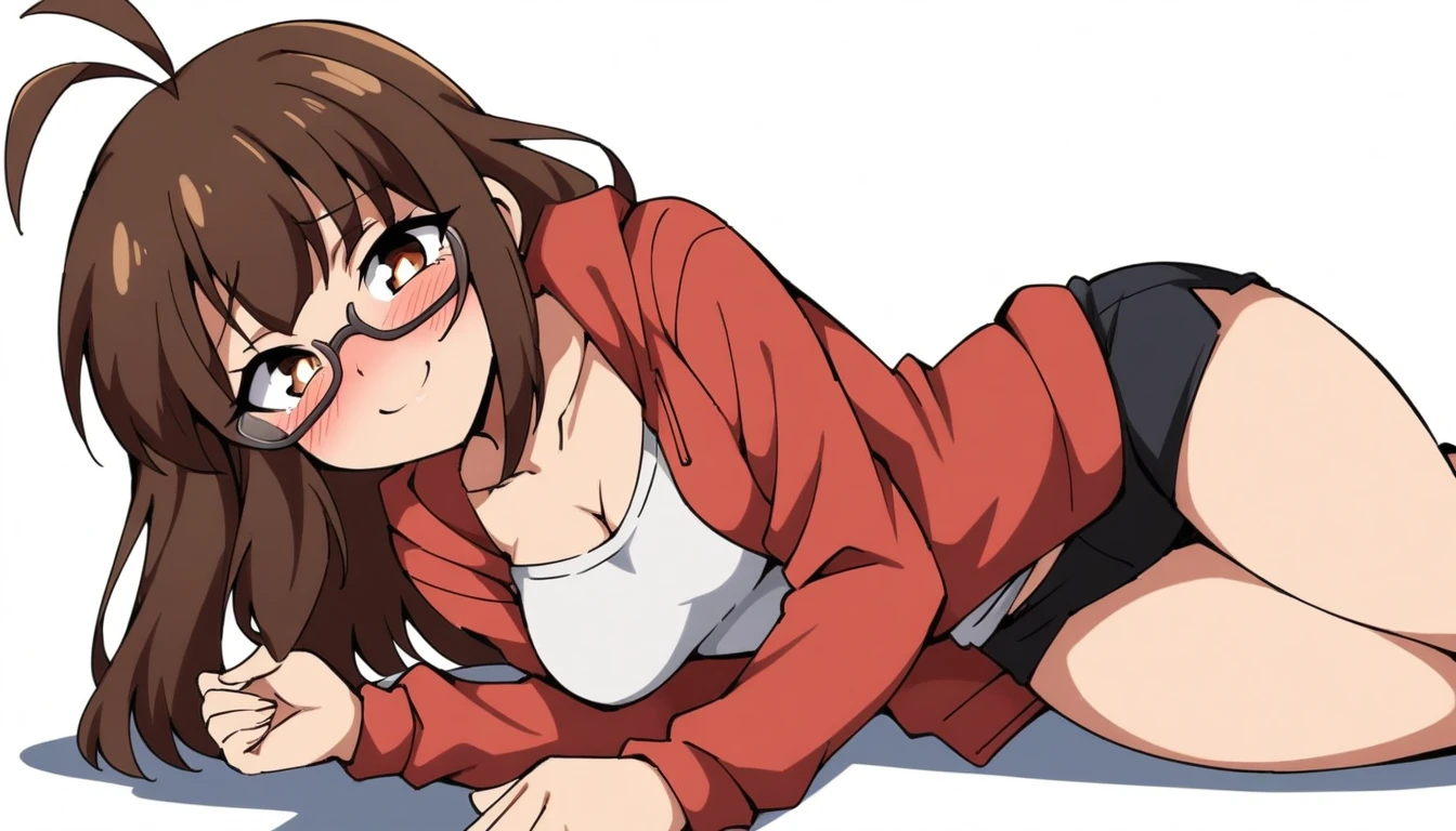 (mix1), anime art style, 2d, masterpiece, best quality, very aesthetic, absurdres, dynamic shadows, atmosferic, (1girl), (brown hair), antenna hair, long hair, brown eyes, eyeslashes, detailed eyes, glasses, ahoge, bangs, medium breasts, cleavage, collarbone, makeup, intense blush, red hoodie, white shirt, black minishorts, brown boots, open clothes, sexy smile, (on side), lying, (cowboy shot), from front, looking at viewer, simple background, ((white background))