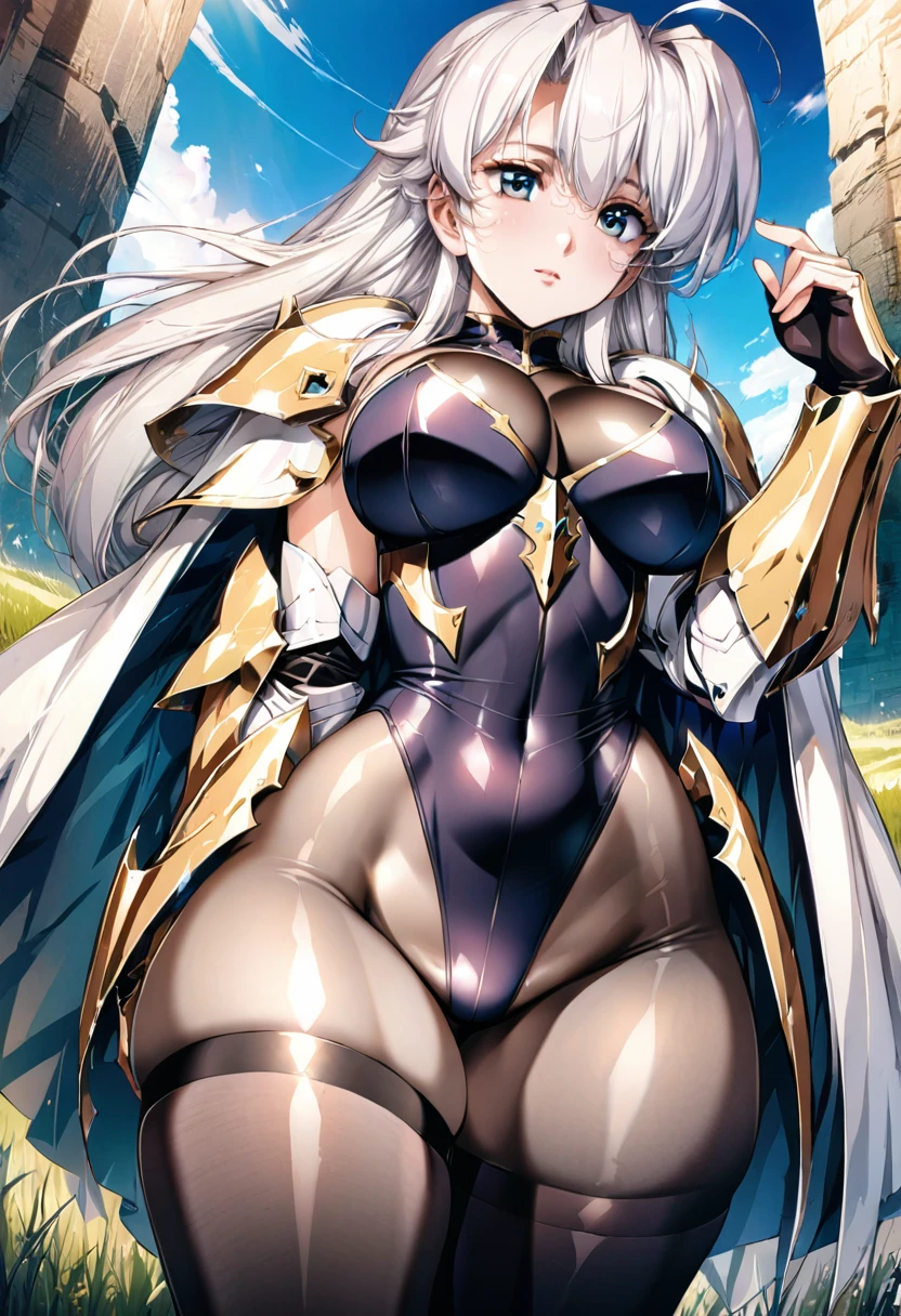 ((highest quality)), ((masterpiece)), ((hyperrealistic)), (detailed background), anime style, solo, shoot from below, 1girl, ((curvy: 1.2)), kawaii, paladin, ((Lamé racing leotard)), ((catsuit leotard)), (paladin armor), (breastplate armored dress), cloak de cour, gauntlet, gloves, white hair, ahoge, (huge breasts), see-through cleavage cutout, (zettai ryouiki black thigh high socks), (black see-through pantyhose thighs), (See-through pantyhose groin area), beautiful eyes, perfect face, Perfect hands, perfect fingers, Blue sky and grassland,