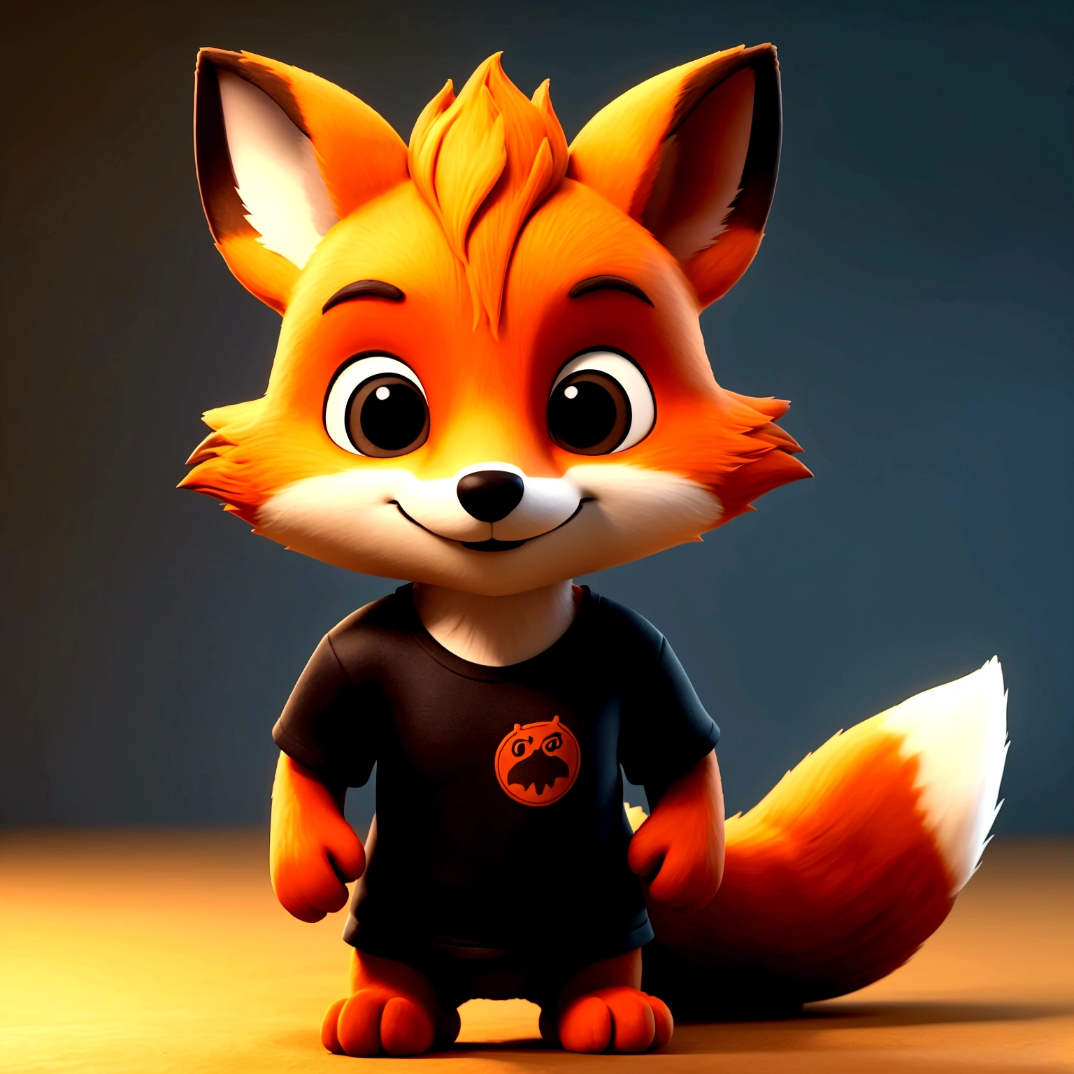 CREATE A 3D CARTOON FOX, BROWN SKIN WITH BLACK T-SHIRT, JUMPING FOR JOY, CELEBRATING