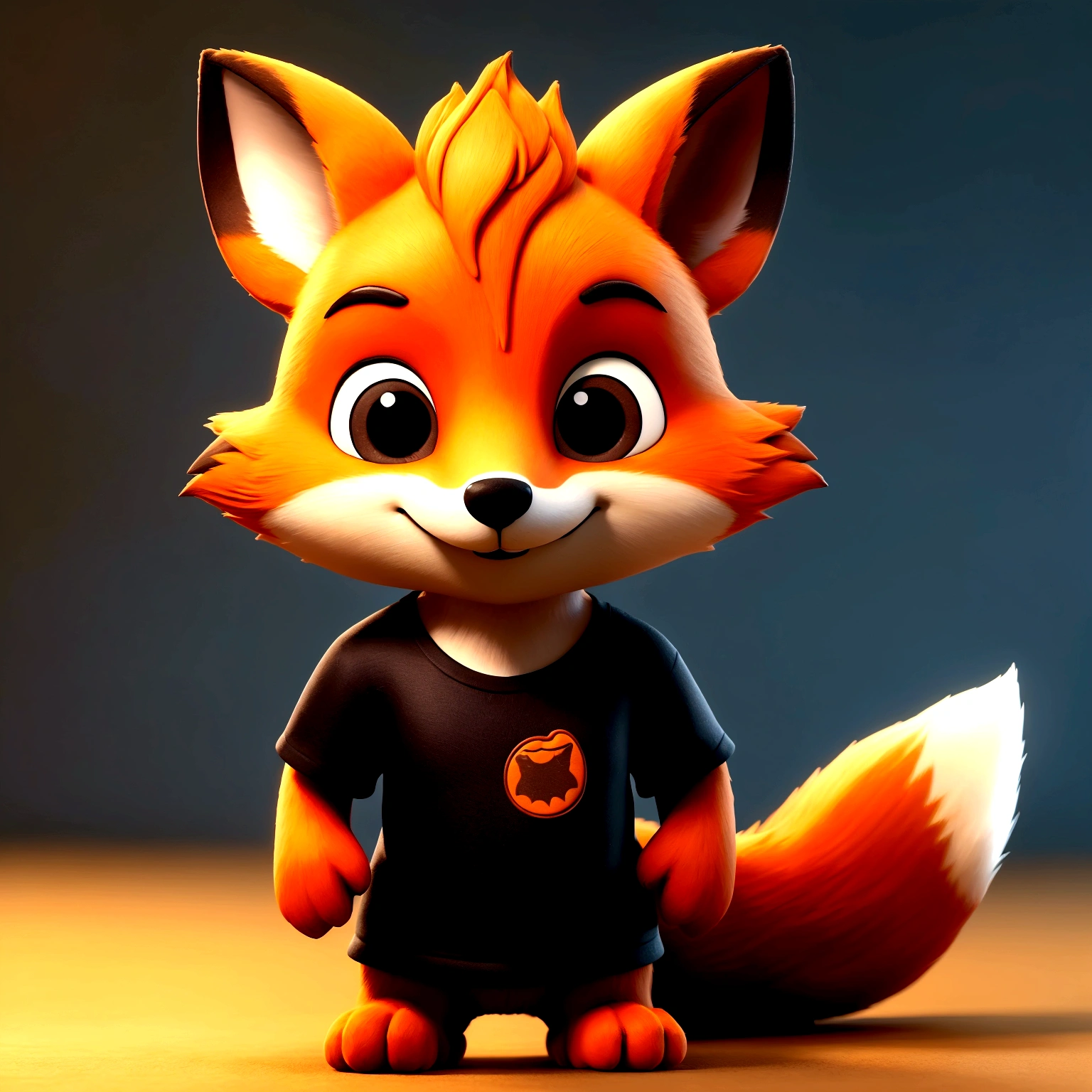 CREATE A 3D CARTOON FOX, BROWN SKIN WITH BLACK T-SHIRT, JUMPING FOR JOY, CELEBRATING