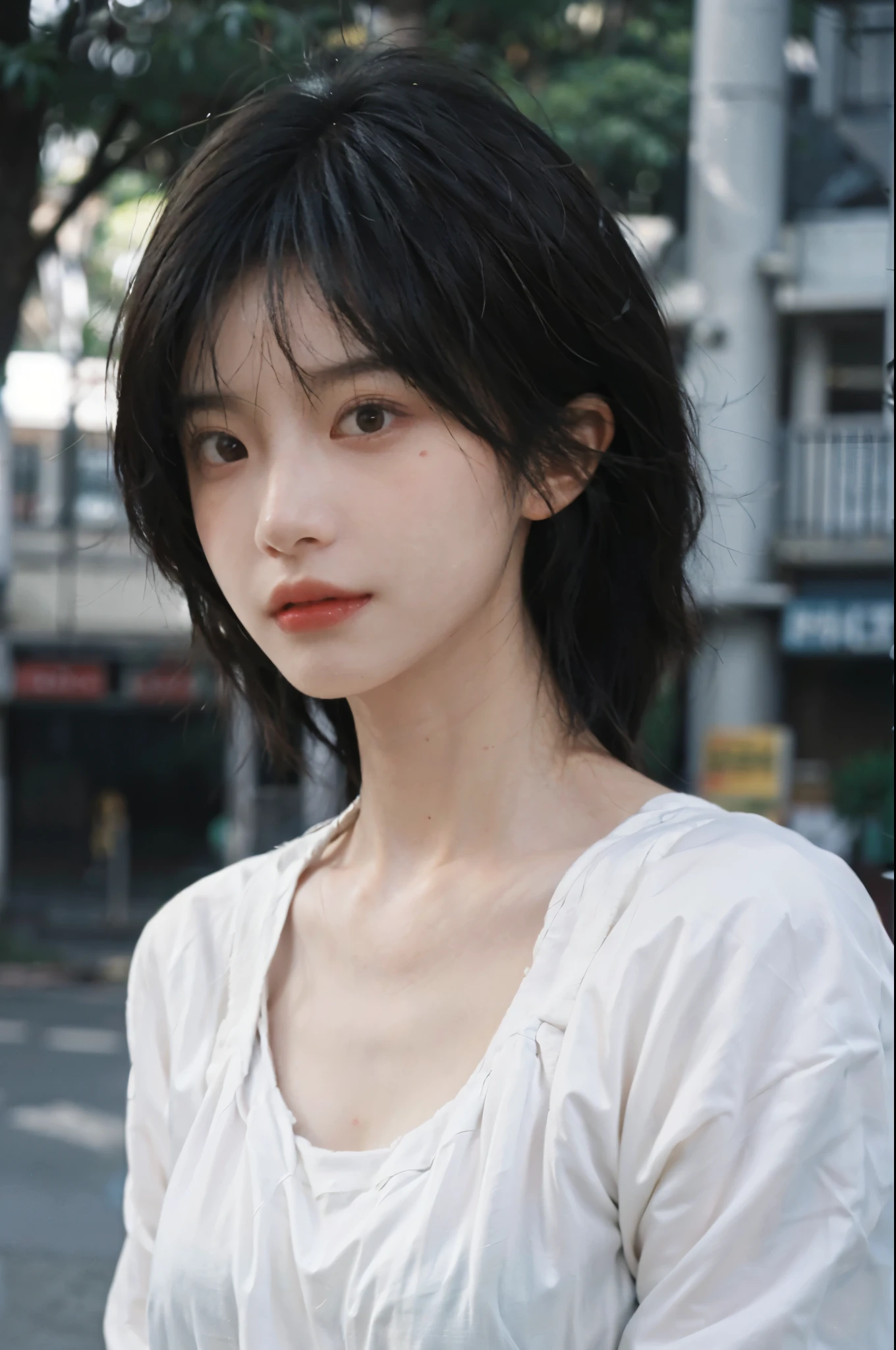 (Skin details:1.4), (smooth skin textures:1.3), Lipstick, background, earrings, Serene, calm, (Realistic and detailed eyes:1.2), (Large Breasts:1.3),Natural skin texture, Realistic facial details, Soft dramatic lighting, Vivid details, 35 mm film, outdoor, (Photo Practical:1.4), (hyper Practical:1.4), (Practical:1.3), (Smoother lighting:1.05), (Improve lighting quality:0.9), (Highest quality real skin textures:1.4), Exquisite eyes, Delicate face, Close-up of face, (Enhance the beauty of skin texture:1.1), Hair details, Model,normal body ratio, short hair, Moles under the eyes, Park background,Portrait Photography, Depth of Field, bokeh, Surrealism, Ray Tracing, (Portrait Photography:1.1), Surrealism, High Detail, clair obscur, Ray Tracing, reflected light, ultra HD, ultra HD, masterpiece, Textured Skin, Super Detail, High Detail, high quality, best quality