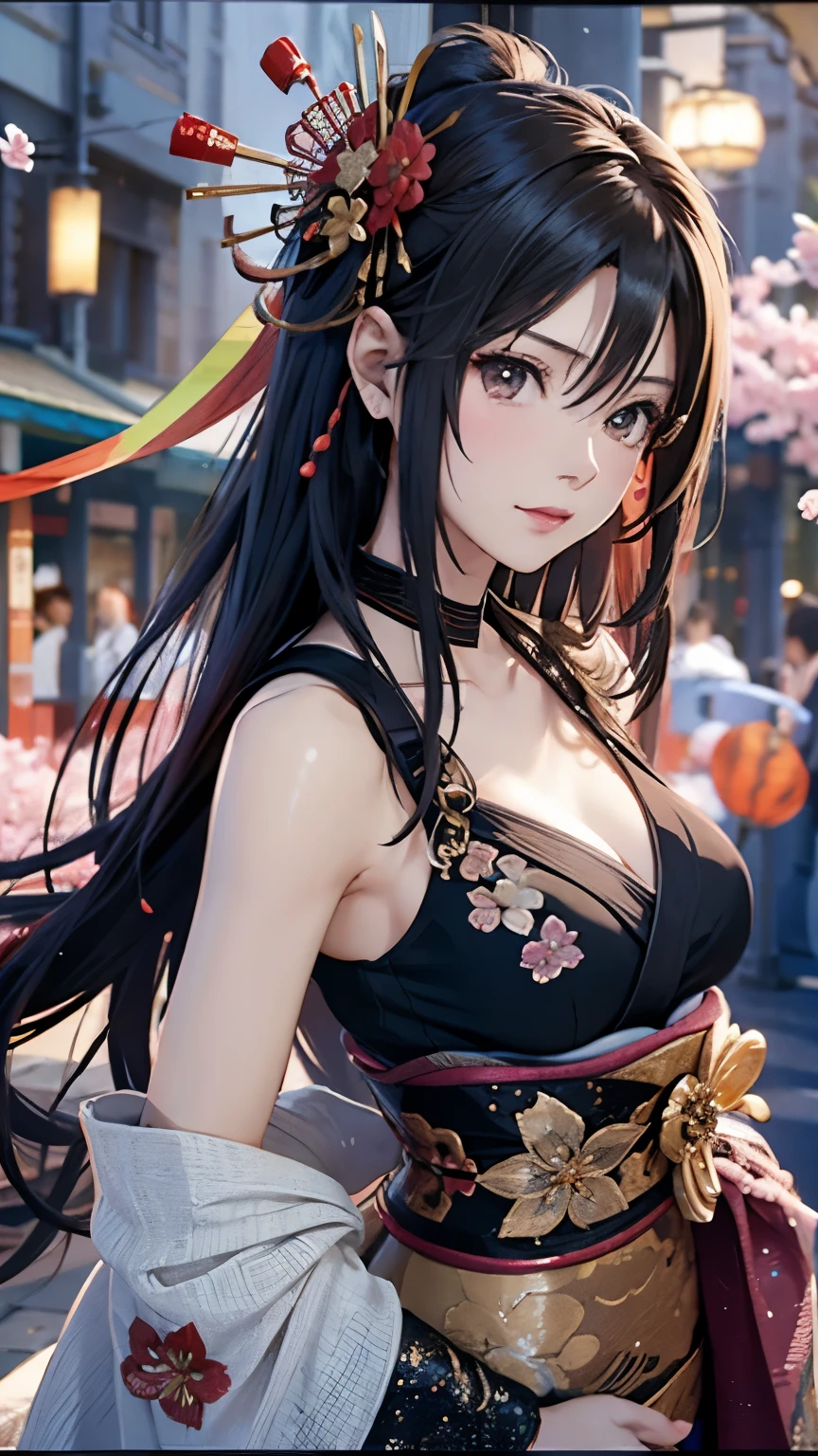 Highest quality, Super quality, 16K, Incredibly absurd, Very detailed, delicate and dynamic, SFW, Natural light, Fine particles reflect rainbow colors, Diffuse reflection of light, Vortex of Light, たくさんのcherry blossoms色の花びらが舞い降りる, Kyoto, Gion, night, Crescent Moon, Peacock, Create amazing image effects, Upper body close-up, (Peacock, cute sexy girl, big busts, Sensual expression, peacefulness, Elegant, Charm, lure, geisha, hair ornaments, cherry blossoms, Flower storm, black long hair, Japanese traditional kimono, Tifa Lockhart Final Fantasy VII)