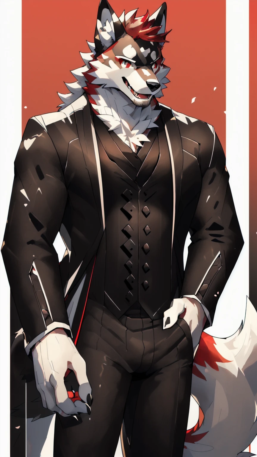 Orange background，high resolution，4K，masterpiece，high quality，35 years old，((Wolfdog))，male，((whole body:1.4，Strike a pose:1.5，Mature:1.3，Smiling face:1.4))，WolfdogFurry，（Uncle figure:1.5，hairy），((Moderate:1.2))，((Strong body:1.5，Long legs:1.3，big ear:1.3，Thick long tail，(((White and black suit 1:3)))，(((White hair:1.4，Red hair:1.2，muscle:1.4，Red eyes:1.4，White chest:1.6，White belly:1.6，Red back of hand:1.4，Red and white tail:1.3)))，Delicate eyes:1.6，Fine details，Detailed body，（Detailed hand details:1.4）
