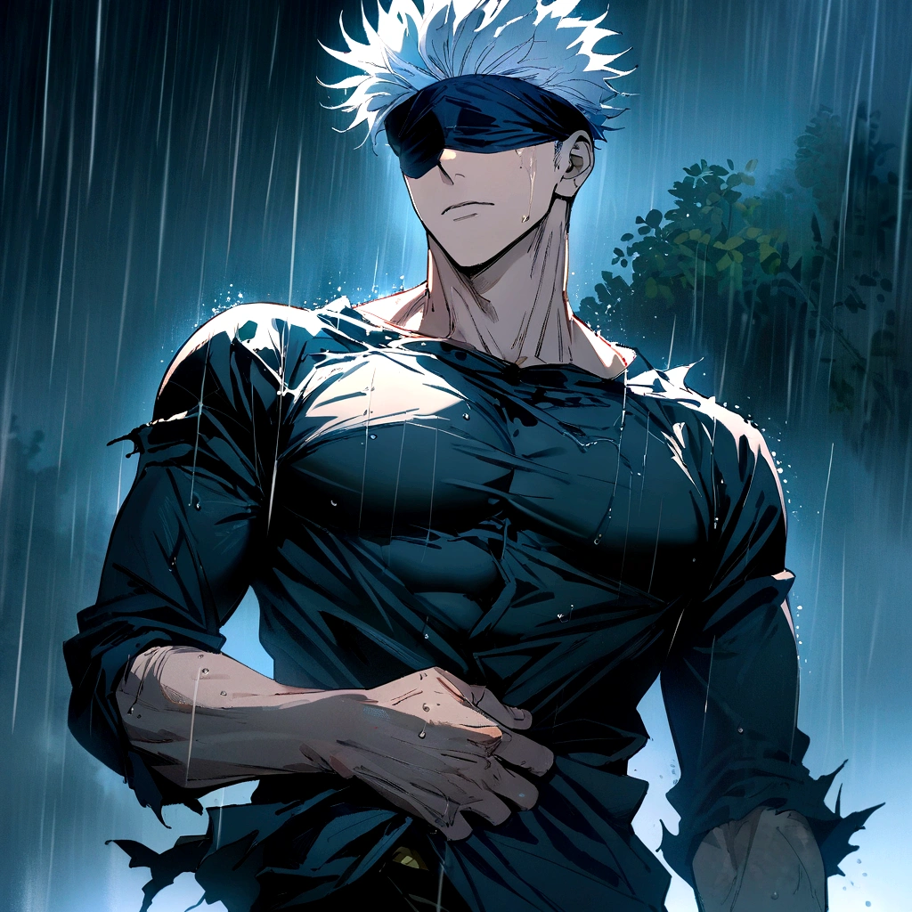 1boy, male focus, satoru gojou, jujutsu kaisen, black uniform, black blindfold, torn clothes, outdoors, rain, pectoralasterpiece), (best quality), (ultra-detailed), very aesthetic, illustration, disheveled hair, perfect composition, moist skin, intricate details