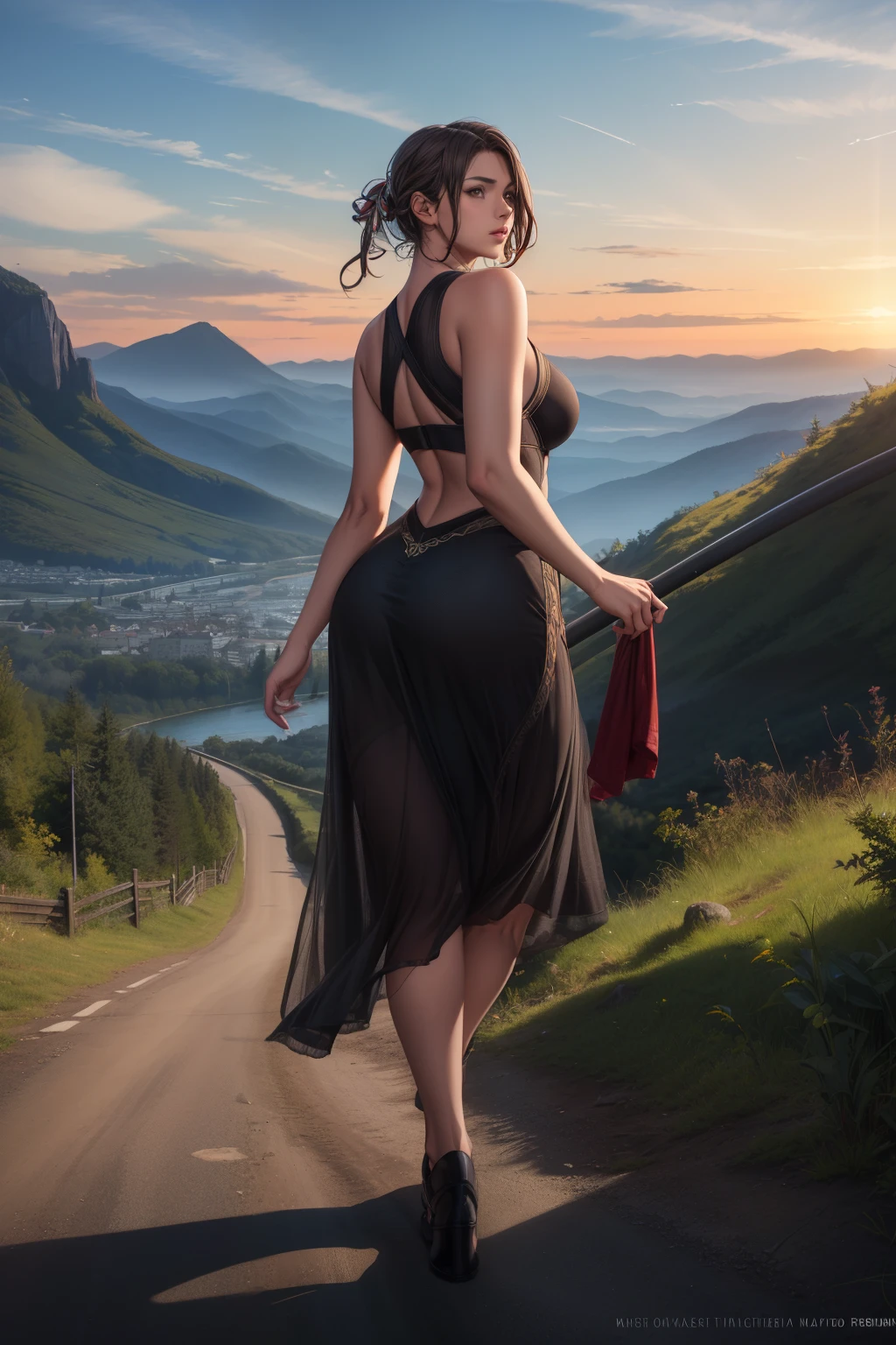 (Highest quality, masterpiece:1.2), Super detailed, Realistic:1.37, High resolution, Detailed Background, Majestic Mountain々Silhouette of a girl walking along a path stretching to the horizon, A person stretching in sunlight from a mountaintop, Beautiful scenery decorated with earth tones, A hopeful and inspiring atmosphere, A gentle and heartwarming portrayal, Delicate depiction of people and emphasis on landscapes.