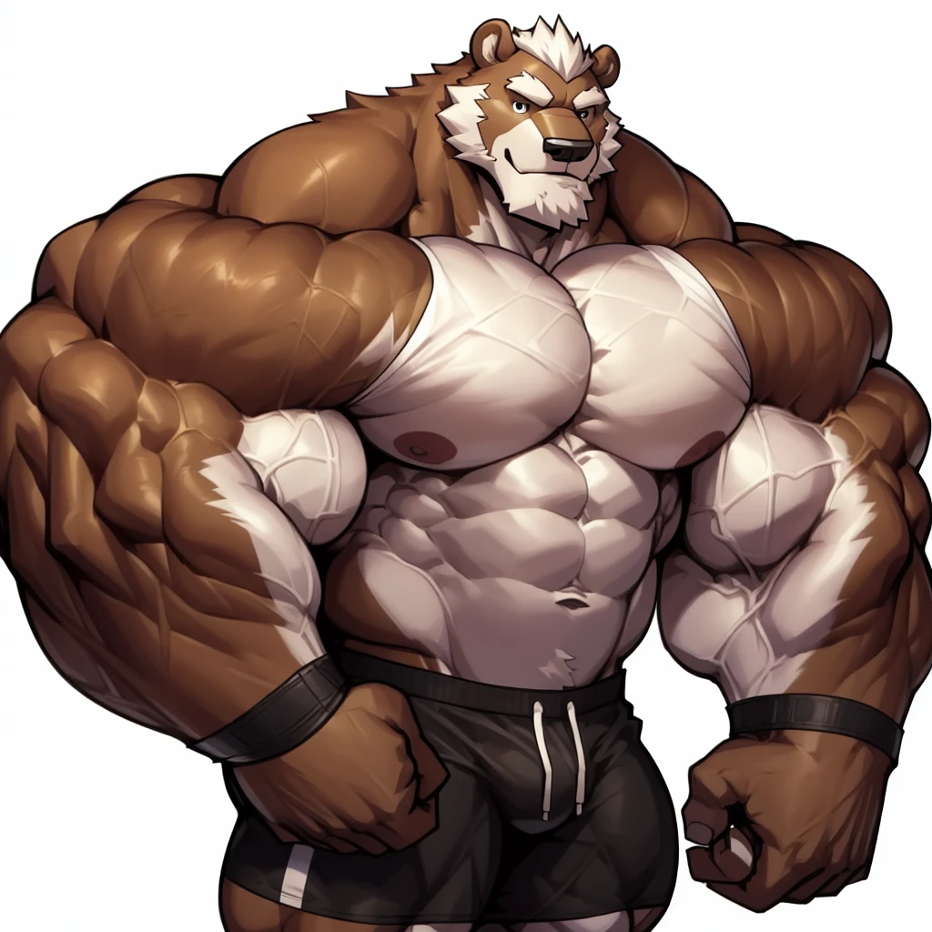 solo, 1boy, Huge Muscular Old Grizzly Bear wearing glasses , pectoral, huge pectoral, wide pectoral, short white hair, short pants, black wristbands and black tank top, bearded, Mustache, ((really big muscle, massive muscular, sixpack, thick arms, wide pectoral, super huge muscle, hyper muscular, over sized muscle, huge arms, big arms, huge pectoral)), simple background, masterpiece, high detailed, 8k, high resolution, at the gym, flexes huge muscles