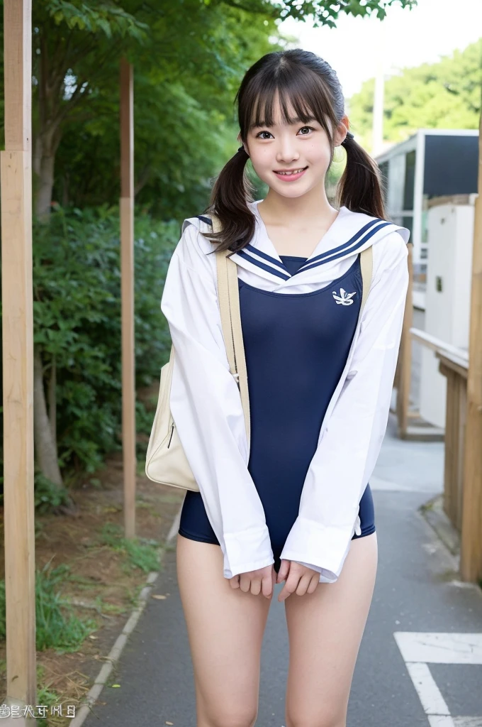 {1 | 2} girls stamding in school street,navy blue school swimsuit,white sailor shirt over,school bag,18-year-old,bangs,a little smile,thighs,knees,short hair with low pigtails bunches,from below,front light