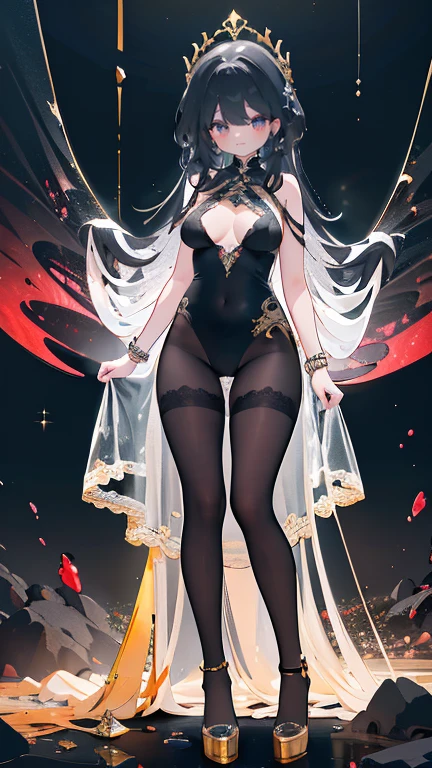 ((work of art, best qualityer)), 精致的面容，Dragon girl，the Kane，gold mine，gold jewelry，DarkKnight，Dark Jewel，all-body，Standing photo，Legs long，breasts big，Gradient Wavy Long Hair，perfect body proportions，beautiful black eyes，extremely pretty，transparentes， fundo branco puro，Big dark day，nube，Sexy lingerie，lace