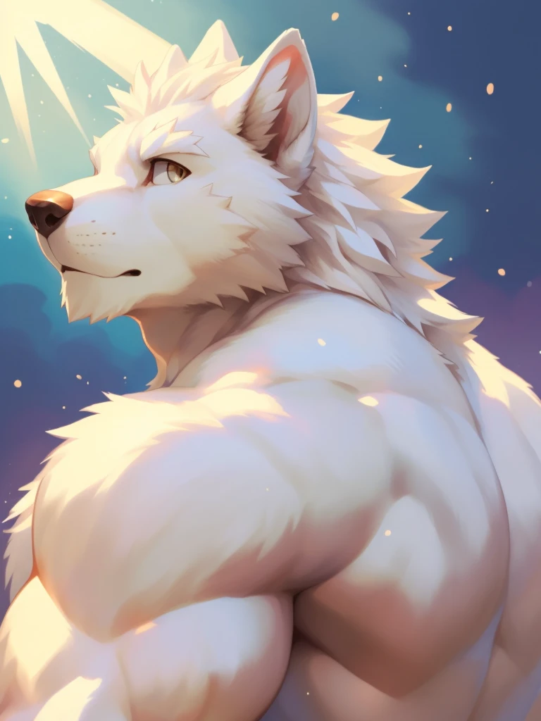 (masterpiece,Highest quality,Ultra-detailed,Perfect Anatomy),kemono,White background,Particles of light,Sharp focus,By null-ghost,alone,Anthro,White Wolf,naked,Muscular (White fur:1.5,White body:1.5),Watching the audience,Fine grain,whole body,penis