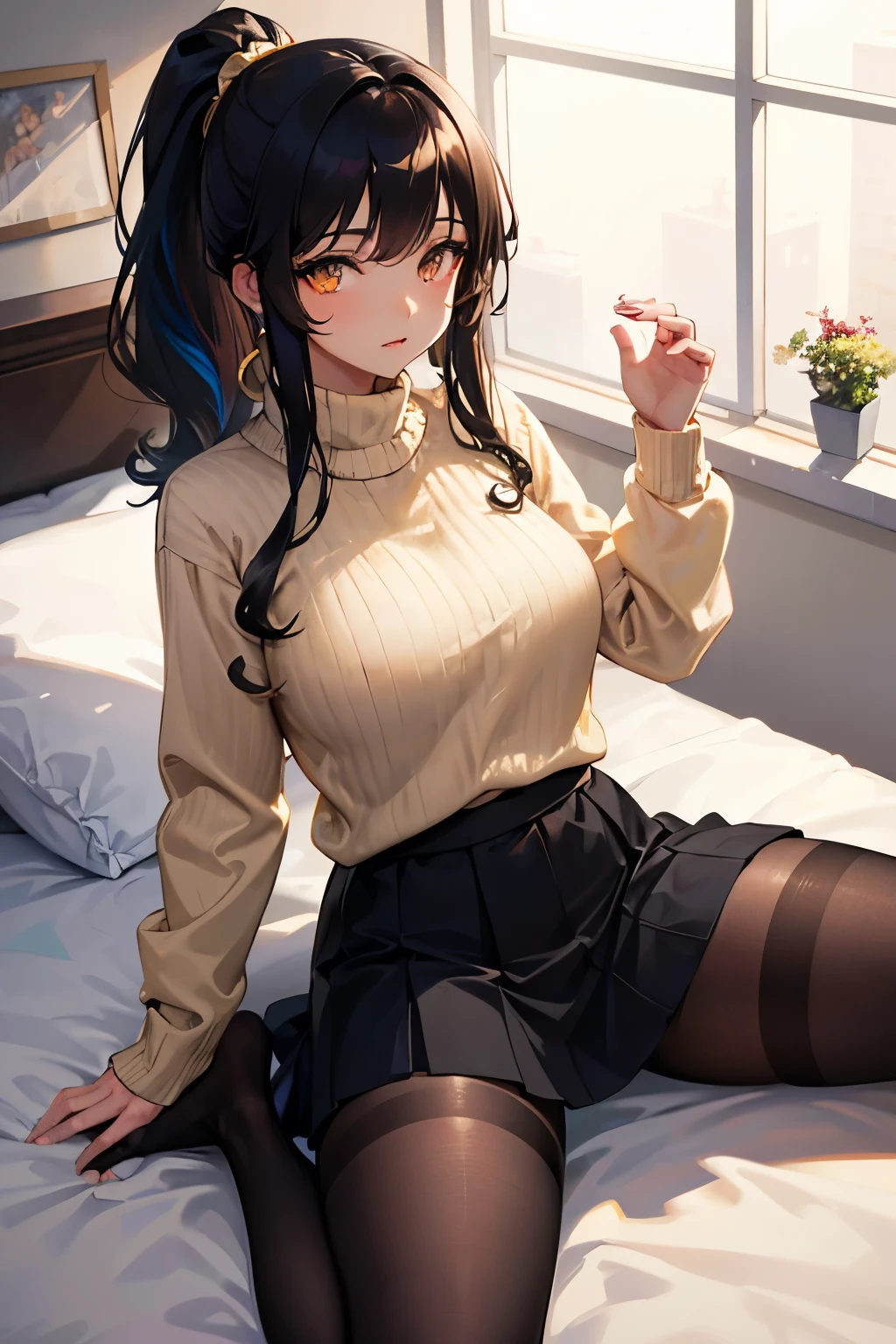 Digital Art, Digital Illustration, Ultra-detailed, beautiful image, Sharp Image, a close up of a woman in a short skirt and a grey sweater, sweater tucked into skirt, nylon tights, trending at cgstation, anime barbie doll, trending on cgstation, anime girl in real life, anime vtuber full body model, ((wavy blak hair color)),((dark tanned skin)), (((golden eyes))), high ponytail, ( 16 years old), (round breasts), on bed