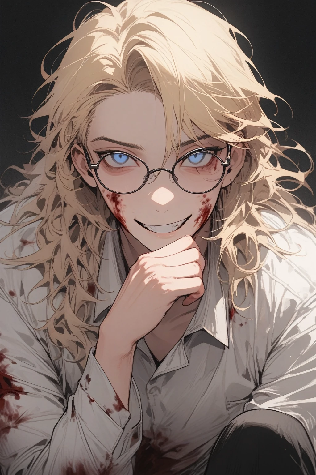 1 guy, blue eyes, blond hair, wears glasses, shoulder-length disheveled hair, male build, looks at the viewer, sly grin, creepy, dressed in a white shirt, black pants, black background, blood on clothes, blood on cheek, shaded face, detailed, beautiful, delicate tones