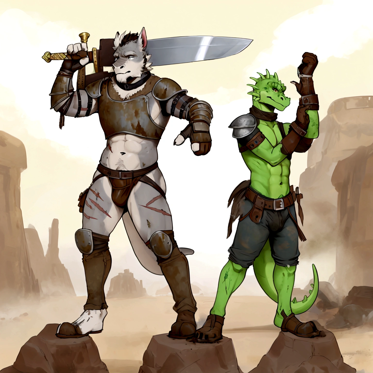 Solo Sexy young anthro scalie dragon male mercenary medieval solider, slim endomorph muscular, anthro handsome gay shorter muzzle, handsome gay model male apperance, sword scars, worn out leather skimpy armament, low on hips heavy leather belt, old very worn out skimpy dirty linen material jockstrap, old yellow dirty worn out stains on white sawn jockstrap, very visible "x" brown seam pattern on the jockstrap, studded skimpy armlets breastplate armor, skimpy breastplate, leather bondages, fingerless leather gloves, smelly unwashed husk, dirty body look, desert battlefield, standing in sexy fighting position, close view of full character