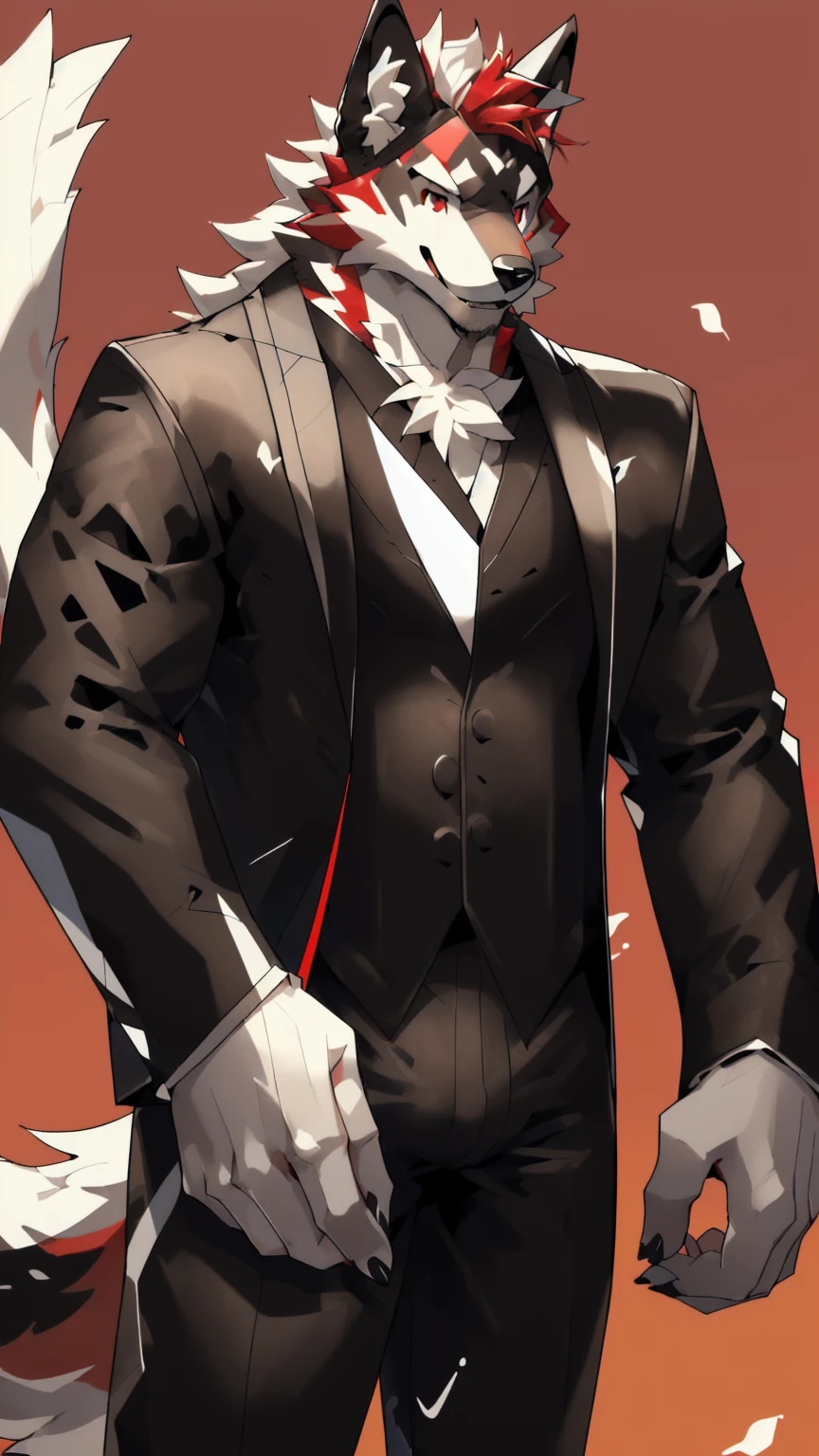 Orange background,high resolution,4K,masterpiece,high quality,35 years old,((Wolfdog)),male,((whole body:1.4,Strike a pose:1.5,Mature:1.3,Smiling face:1.4)),WolfdogFurry,(Uncle figure:1.5,hairy),((Moderate:1.2)),((Strong body:1.5,Long legs:1.3,big ear:1.3,Thick long tail,(((White and black suit 1:3))),(((White hair:1.4,Red hair:1.2,muscle:1.4,Red eyes:1.4,White chest:1.6,White belly:1.6,Red back of hand:1.3,Red and white tail:1.3))),Delicate eyes:1.6,Fine details,Detailed body,(Detailed hand details:1.4)
