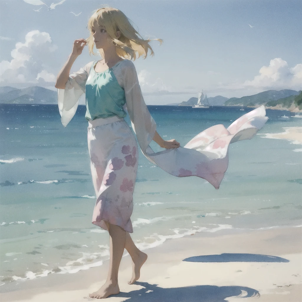 Tranquil voyager girl, in watercolor style, Photorealism, discreet pink and mint shades, barefoot, blonde hair