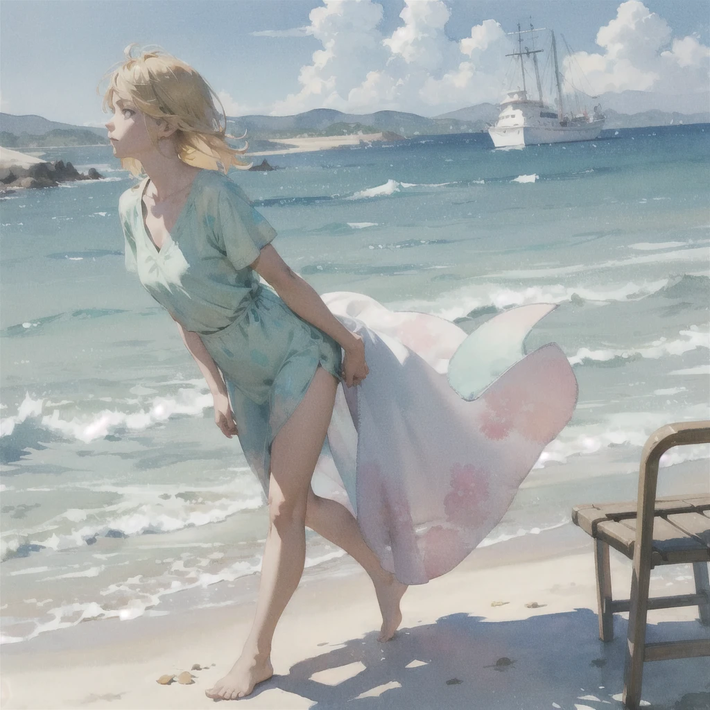 Tranquil voyager girl, in watercolor style, Photorealism, discreet pink and mint shades, barefoot, blonde hair