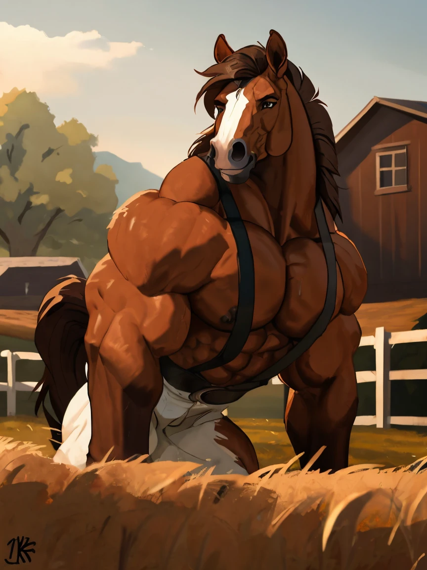 A delicate horse being fucked by a muscular stallion on a farm.