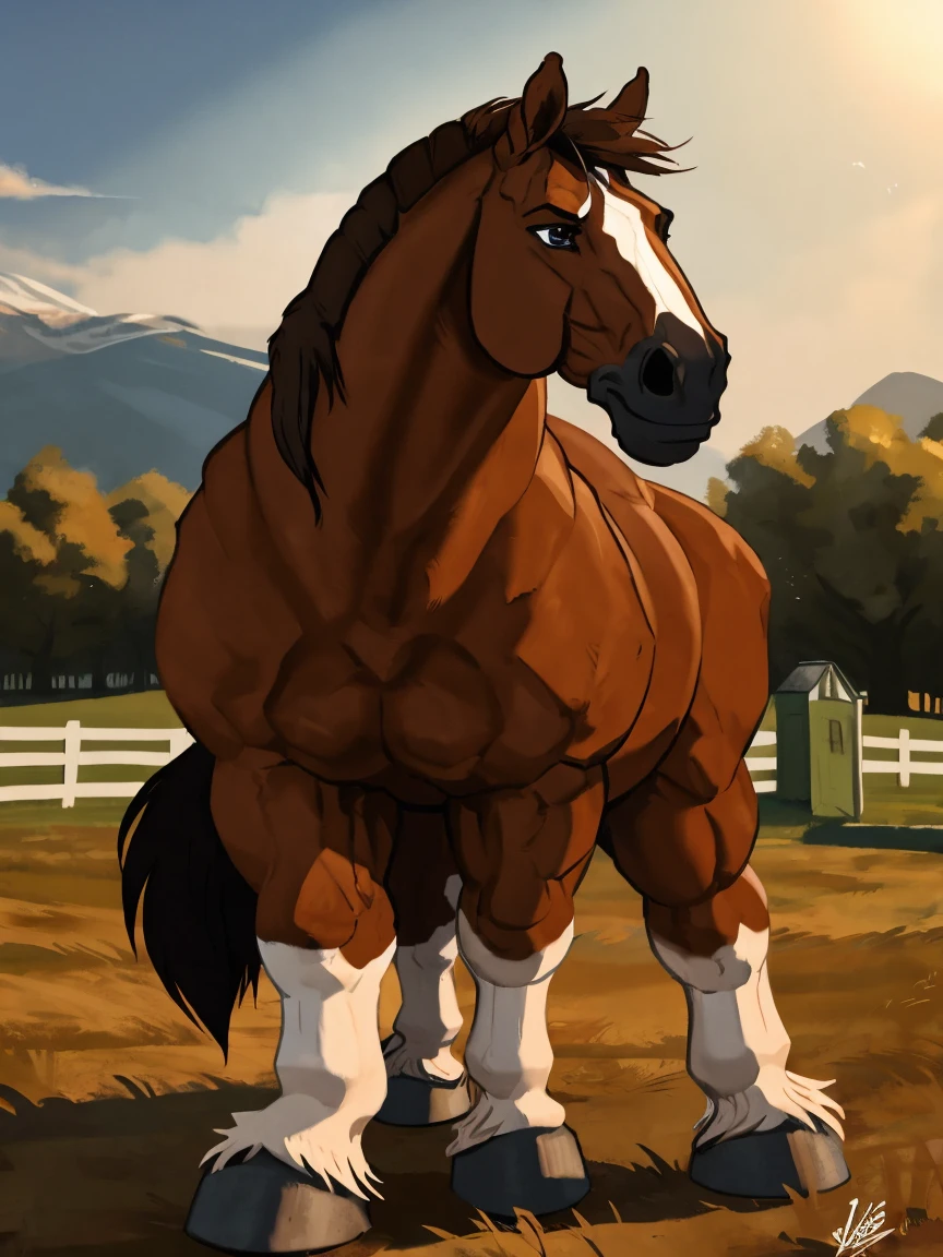 A delicate horse being fucked by a muscular stallion on a farm.