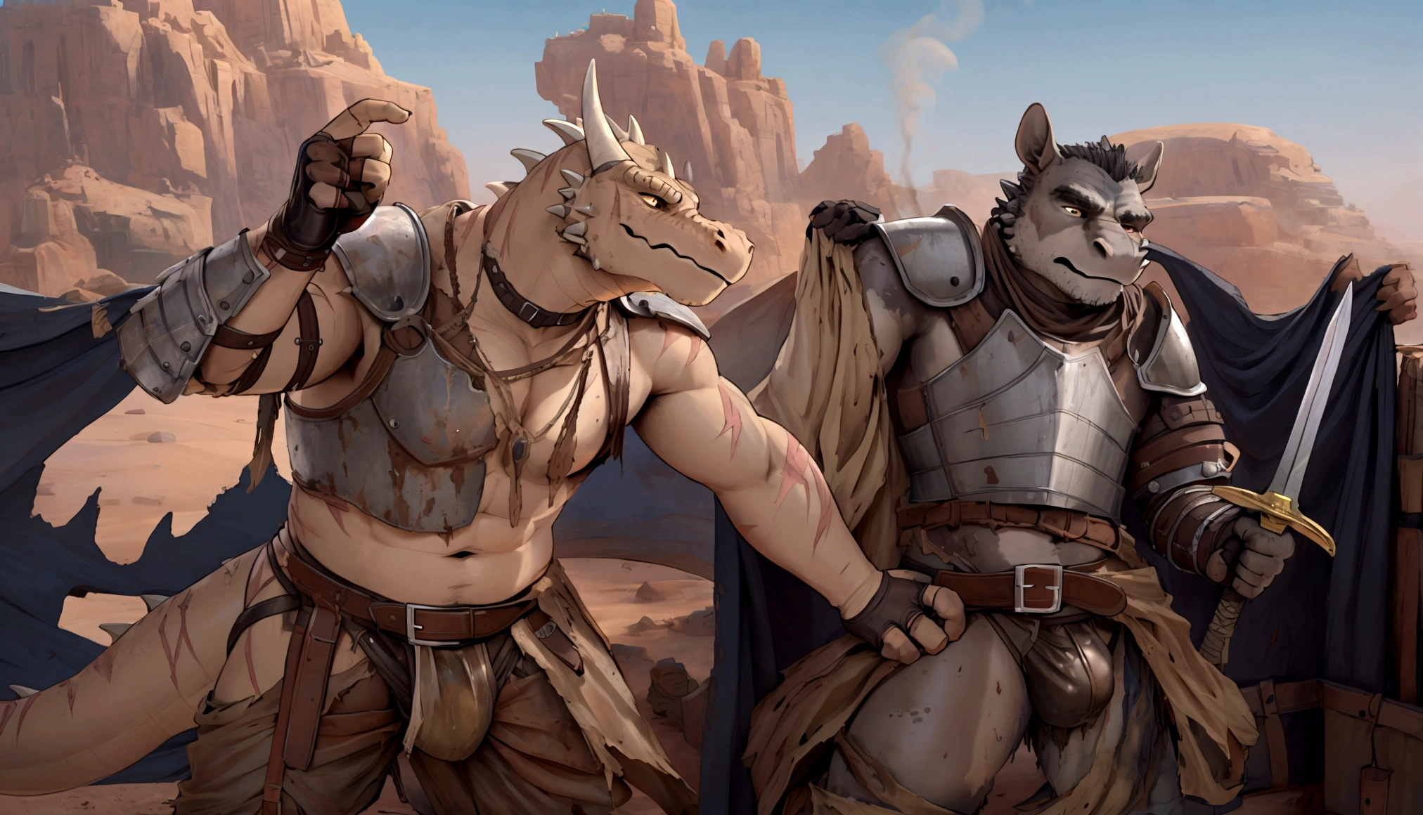 Solo Sexy young anthro scalie dragon male mercenary medieval solider, slim endomorph muscular, anthro handsome gay shorter muzzle, handsome gay model male apperance, sword scars, worn out leather skimpy armament, low on hips heavy leather belt, old very worn out skimpy dirty linen material jockstrap, old yellow dirty worn out stains on white sawn jockstrap, very visible "x" brown seam pattern on the jockstrap, studded skimpy armlets breastplate armor, skimpy breastplate, leather bondages, fingerless leather gloves, smelly unwashed husk, dirty body look, desert battlefield, standing in sexy fighting position, close view of full character