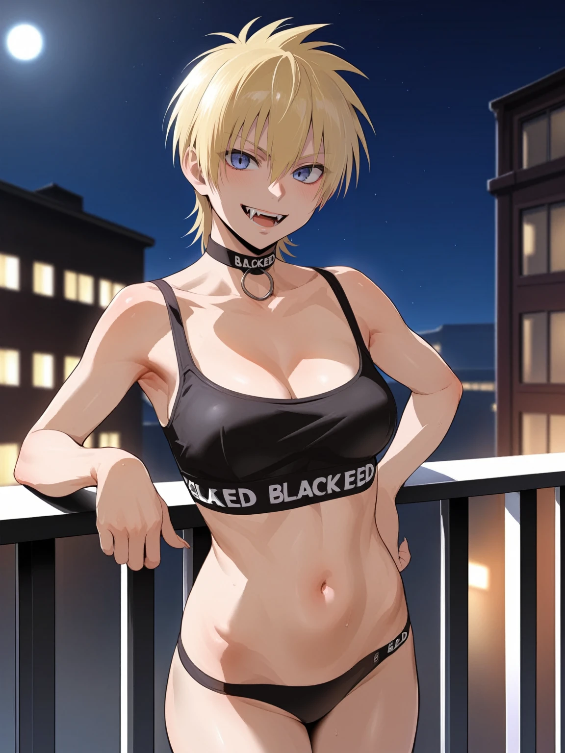 score_9, score_8_up, source_anime, standing, hellsing, seras, blonde hair, nude, indoors, night, night sky, nighttime, vampire, smirk, fangs, ikuchan, balcony, town background, BLACKED crop top, BLACKED CHOKER, BLACKED CLOTHING, BLACKED ATTIRE, BLACKED BBC, no bra