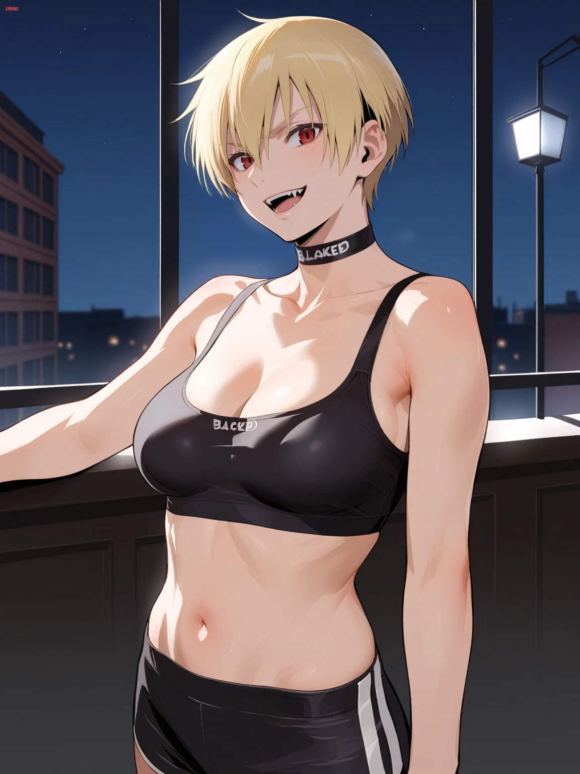 score_9, score_8_up, source_anime, standing, hellsing, seras, blonde hair, nude, indoors, night, night sky, nighttime, vampire, smirk, fangs, ikuchan, balcony, town background, BLACKED crop top, BLACKED CHOKER, BLACKED CLOTHING, BLACKED ATTIRE, BLACKED BBC, no bra