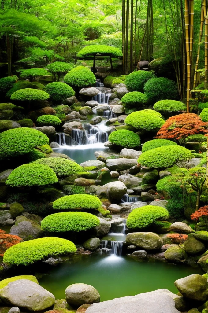 In the heart of a sacred mountain lies a mystical Japanese zen garden. An ancient temple, painted in vibrant shades of red and gold, stands majestically atop the mountain, shrouded in mist, radiating a serene and spiritual aura. A gentle breeze whispers through the green bamboo, swaying gracefully, while enchanted wind chimes resonate with ethereal melodies, harmonizing with nature.
A crystal-clear pond, inhabited by vividly colored koi fish — red, orange, and gold — reflects the tranquility of the surroundings. A pure, crystal stream flows gently, feeding a small island in the center of the pond, where a majestic maple tree stands. Its red leaves, almost like rubies, glow like jewels under the dim light of the day, contrasting with the vibrant green around.
A zen master, with a long beard and deep gaze, handles a rake with graceful movements, creating hypnotic patterns in the sand garden, symbolizing the universe's fluidity. Near the island, a shishi odoshi, an ingenious bamboo structure, rhythmically strikes, echoing as a reminder of time's passage and life's impermanence. The small waterfall beside the pond sings its constant melody, providing a natural soundtrack to the scene.
Above, the sky is gray and heavy, with dense, dark storm clouds approaching on the horizon. Lightning occasionally illuminates the shadows, and the distant sound of thunder reverberates through the mountains, as if the gods were whispering ancient secrets. The air is cold, and the breeze carries a chill, heightening the sense of mystery and reverence.
The mystical energy of the place is palpable, and each element seems in perfect harmony, creating a deep sense of peace and contemplation. This environment invites all who arrive to an inner journey of reflection and spiritual enlightenment, where nature and spirit meet in a harmonious and eternal dance.