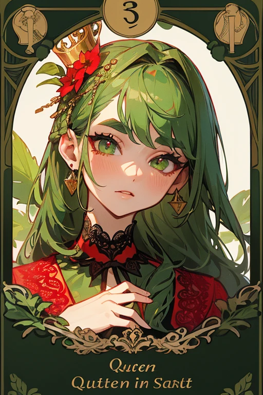 (Highest quality, masterpiece:1.2), High resolution, Very detailed, Realistic:1.37, Fantasy, An illustration, Green Eyes、Queen, ((Red lace swimsuit)).Platinum decoration、beautifully、Eyeshadow Red、Thick eyebrows、Long eyelashes、pupils are black、Her hair is dark green、Gold crown、Kissing Face、Embarrassing、Beloved by the crowd、Hair is green、Braiding、hair ornaments、((Eat a leafy salad)).Keep the image of your face、(Tarot card style)