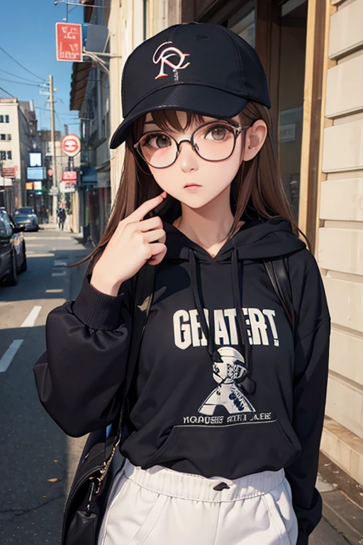 Highest quality、masterpiece、High sensitivity、High resolution、Detailed Description、Slender women、Slim Body、Glasses、hoodie、Baseball Cap、Street、
