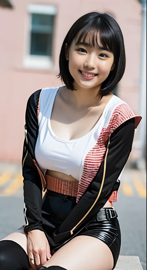 (8K、Raw photography、Highest quality、masterpiece:1.2),(Black Hair、Dark Eyes:1.9),(Plug Suit:1.6)、View your viewers,Front view,White skin,(:1.4)、(Tight waist:1.6)、(Clothes that accentuate the shape of the breasts:1.0)、(Big Breasts :1.3)、Slim figure、Ultra-high resolution,beautiful,beautiful fece,(One person、No background:1.9),whole bodyボディー,Japanese women,(reality的:1.37)、Photon Mapping,reality、(Baby-faced and cute: 1.4)、(Cute Smile: 1.8)、(Round face: 1.8)、Radio City、Physically Based Rendering、Depth of field rally background、photograph, (I can see your knees、Thigh close-up:1.8),(:1.6),whole body、Great quality