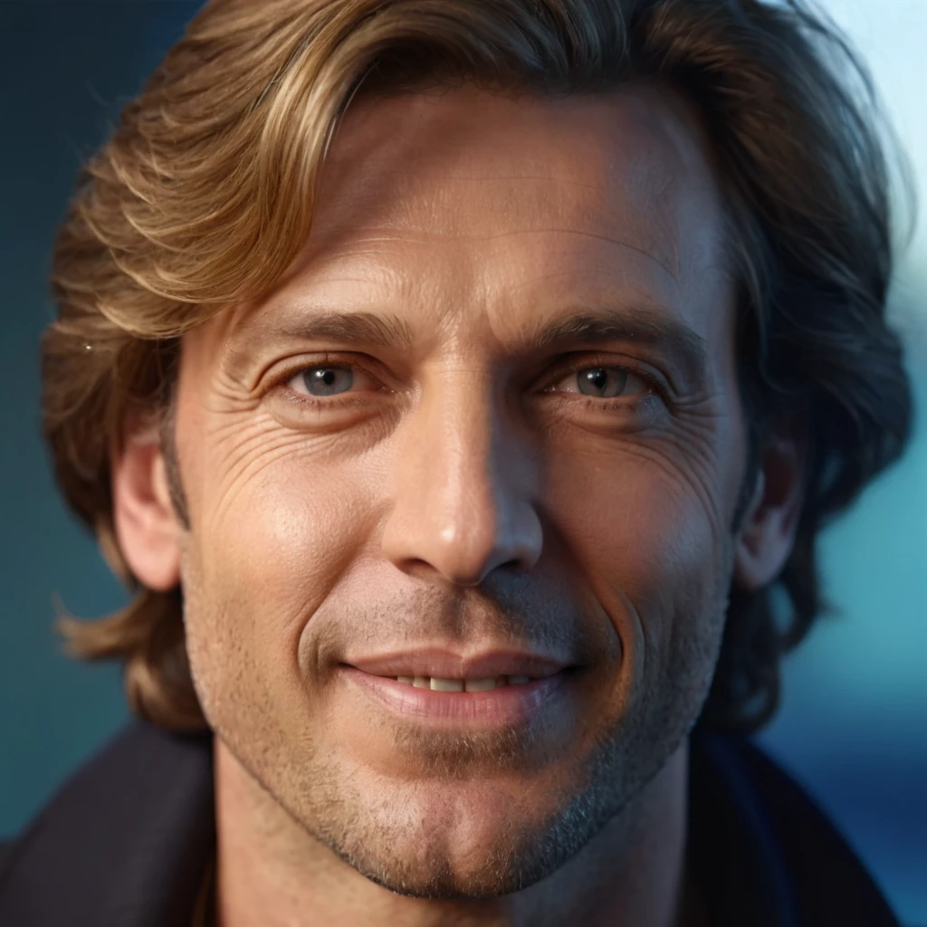 a dynamic photorealistic close-up portrait of a 40 years old LEONARD GIGARD, frontal view, of french-german origin, caucasian male, light skin, dark blonde hairs, perfect anatomies, detailed face, detailed skin, detailed eyes and mouth, well aligned teeth, high quality, 4k resolution, photographic, hyperrealistic, a vibrant colored background, blurry background, color graded background, more detail XL, photorealistic,