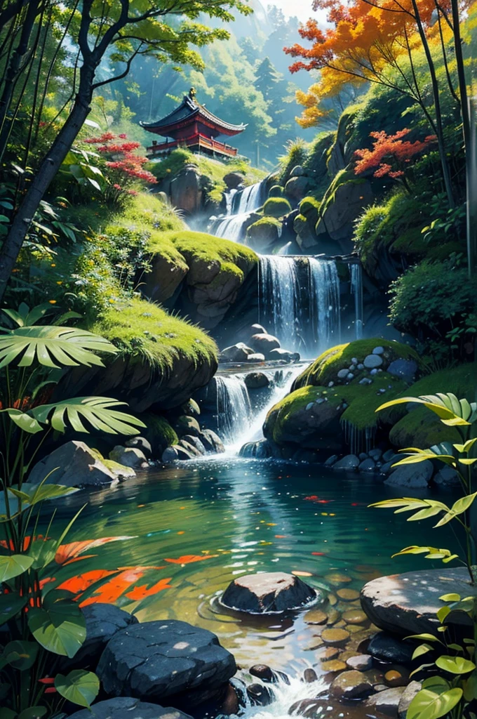 In the heart of a sacred mountain lies a mystical Japanese zen garden. An ancient temple, painted in vibrant shades of red and gold, stands majestically atop the mountain, shrouded in mist, radiating a serene and spiritual aura. A gentle breeze whispers through the green bamboo, swaying gracefully, while enchanted wind chimes resonate with ethereal melodies, harmonizing with nature.

A crystal-clear pond, inhabited by vividly colored koi fish — red, orange, and gold — reflects the tranquility of the surroundings. A pure, crystal stream flows gently, feeding a small island in the center of the pond, where a majestic maple tree stands. Its red leaves, almost like rubies, glow like jewels under the dim light of the day, contrasting with the vibrant green around.

A zen master, with a long beard and deep gaze, handles a rake with graceful movements, creating hypnotic patterns in the sand garden, symbolizing the universe's fluidity. Near the island, a shishi odoshi, an ingenious bamboo structure, rhythmically strikes, echoing as a reminder of time's passage and life's impermanence. The small waterfall beside the pond sings its constant melody, providing a natural soundtrack to the scene.

Above, the sky is gray and heavy, with dense, dark storm clouds approaching on the horizon. Lightning occasionally illuminates the shadows, and the distant sound of thunder reverberates through the mountains, as if the gods were whispering ancient secrets. The air is cold, and the breeze carries a chill, heightening the sense of mystery and reverence.

The mystical energy of the place is palpable, and each element seems in perfect harmony, creating a deep sense of peace and contemplation. This environment invites all who arrive to an inner journey of reflection and spiritual enlightenment, where nature and spirit meet in a harmonious and eternal dance.