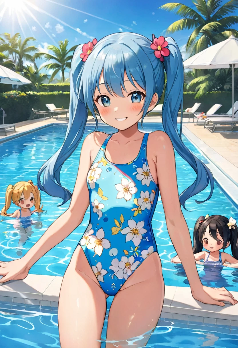 Summer sky Summer sunshine Beautiful girl playing in the pool Light blue long hair Beautiful girl with twin tails Floral print one piece swimsuit Many little characters are playing in the pool. Bright smile