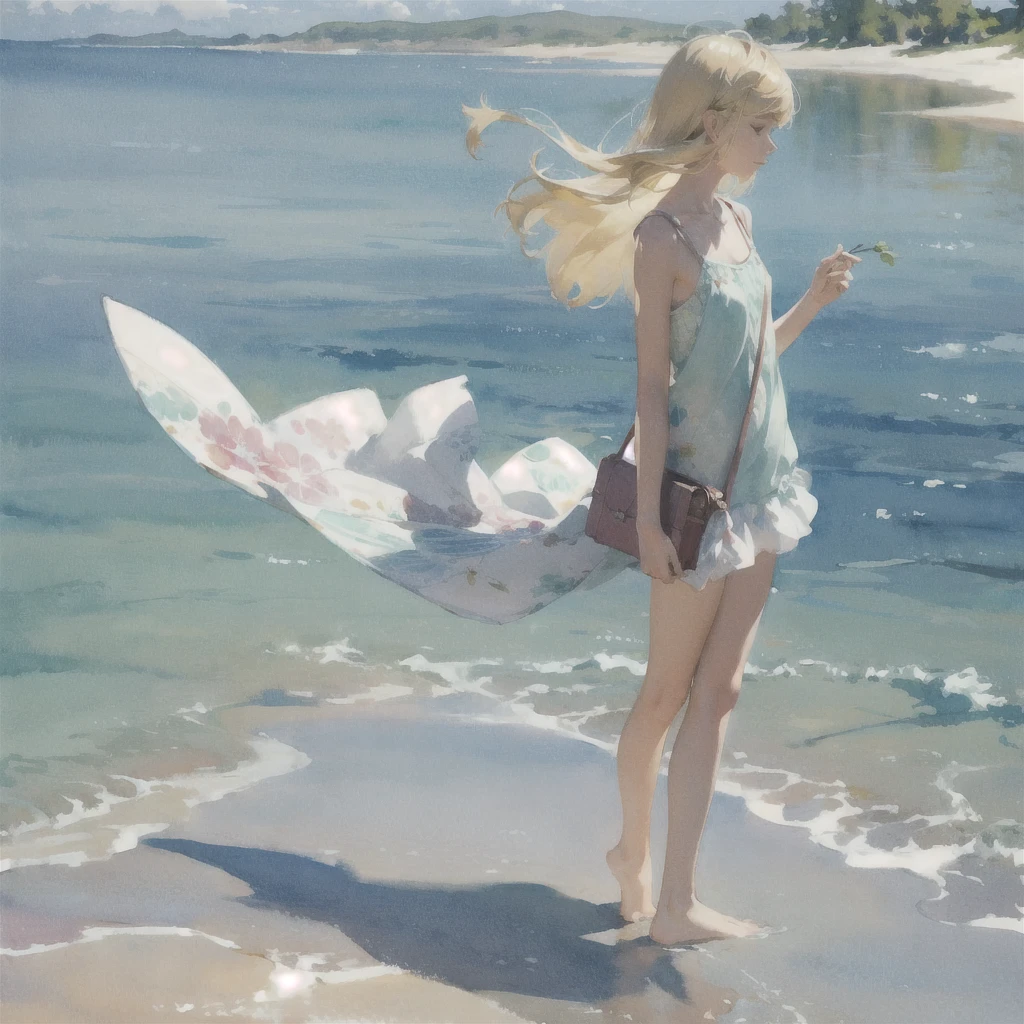Tranquil voyager girl, in watercolor style, Photorealism, discreet pink and mint shades, barefoot, blonde hair