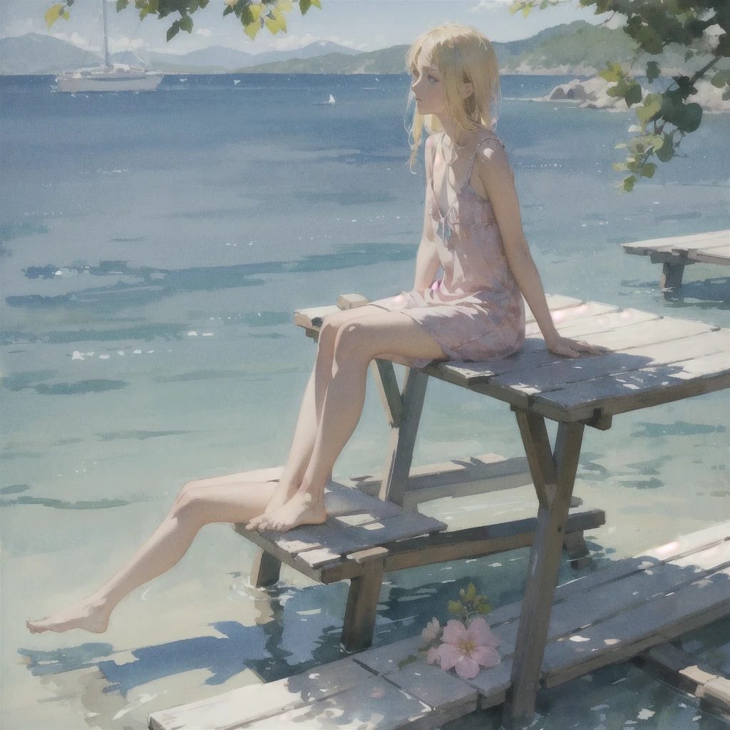 Tranquil voyager girl, in watercolor style, Photorealism, discreet pink and mint shades, barefoot, blonde hair