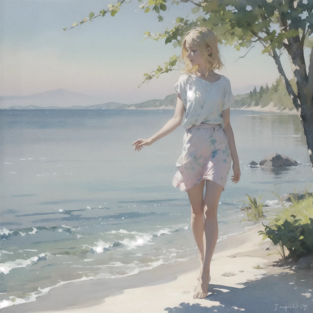 Tranquil voyager girl, in watercolor style, Photorealism, discreet pink and mint shades, barefoot, blonde hair