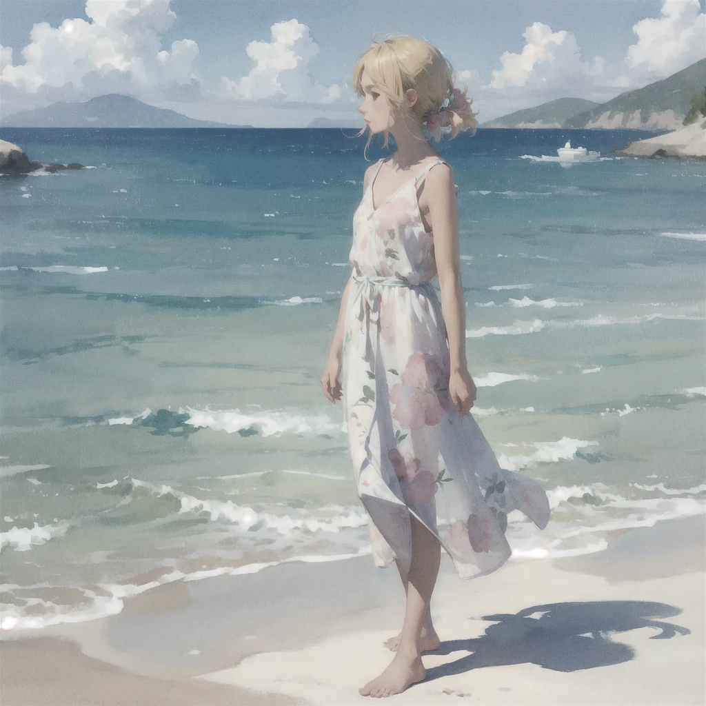 Tranquil voyager girl, in watercolor style, Photorealism, discreet pink and mint shades, barefoot, blonde hair